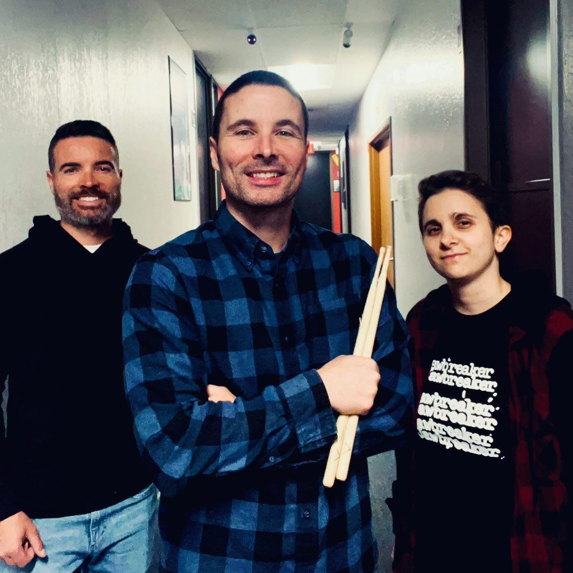 James Parr, Danny Parr, and Alessandra Hudson together backstage