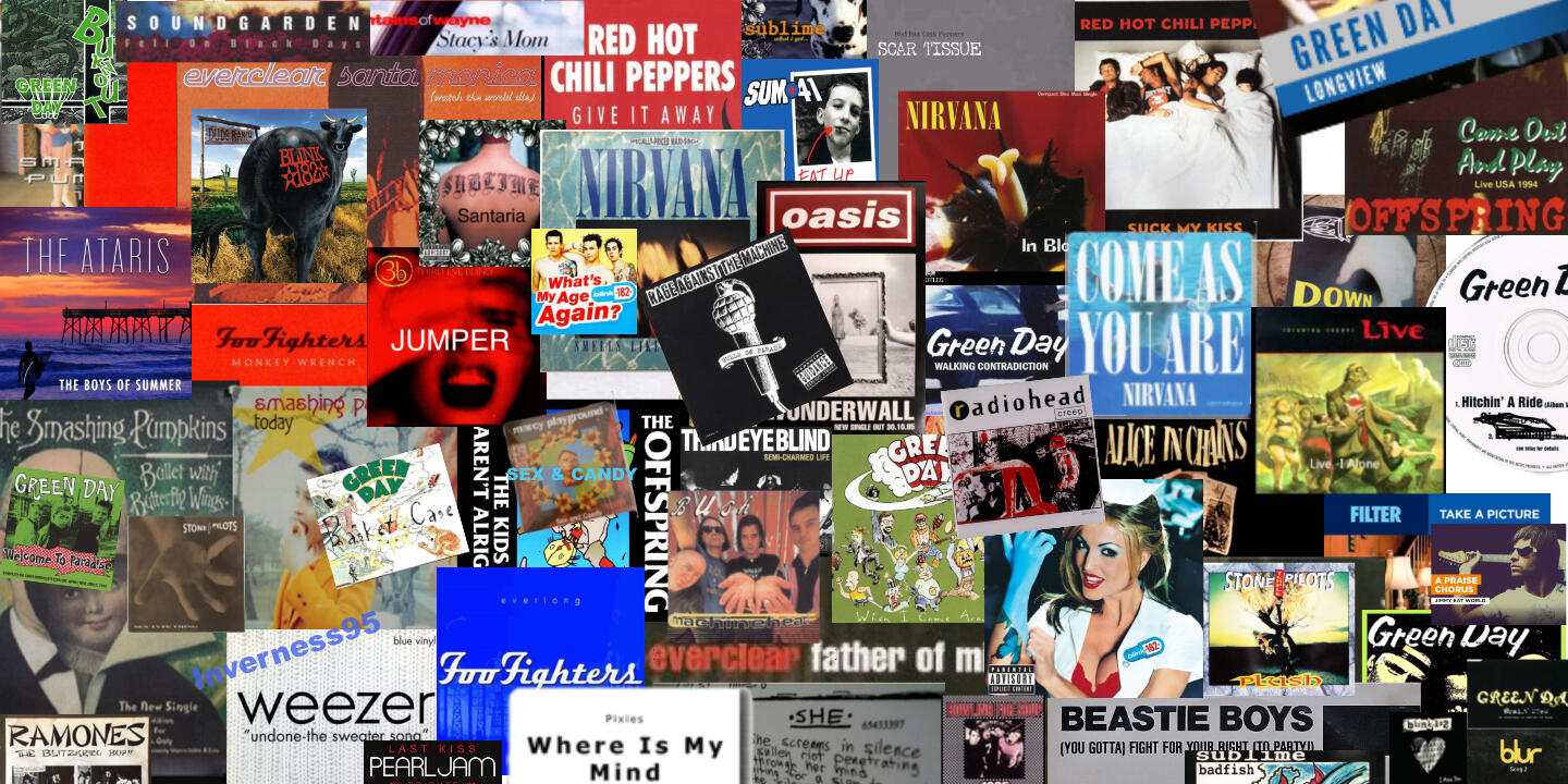 Collage of ’90s rock album covers including Nirvana, Green Day, Weezer, and Foo Fighters